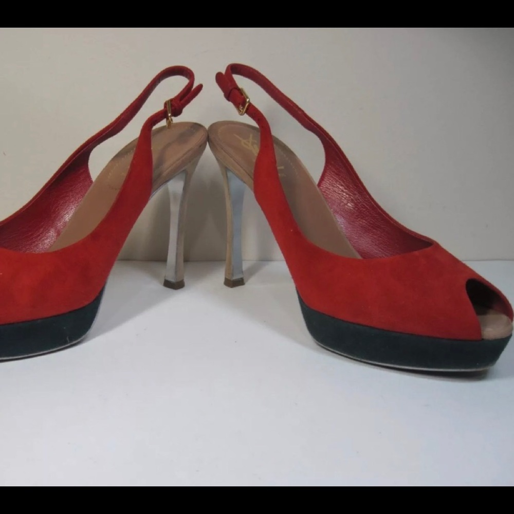 St. Laurent YSL Sling Back Peep Toe Pumps Red - Picture 3 of 7